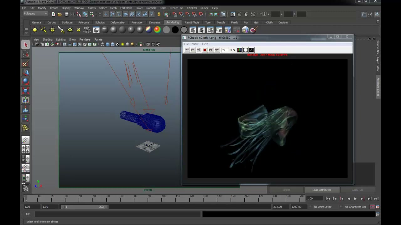 MESISE STUDIO - ตัวอย่างการใช้ nCloth - ภาพช่วงเริ่มต้นของบทเรียน ใช้ดูบริบทของโปรเจกต์และหน้าจอโปรแกรมก่อนลงมือทำ
