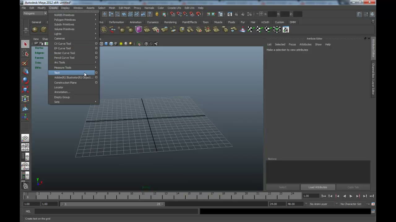 MESISE STUDIO - พี่อ่างสอนสร้างข้อความใน MAYA 2012 - ภาพช่วงเริ่มต้นของบทเรียน ใช้ดูบริบทของโปรเจกต์และหน้าจอโปรแกรมก่อนลงมือทำ