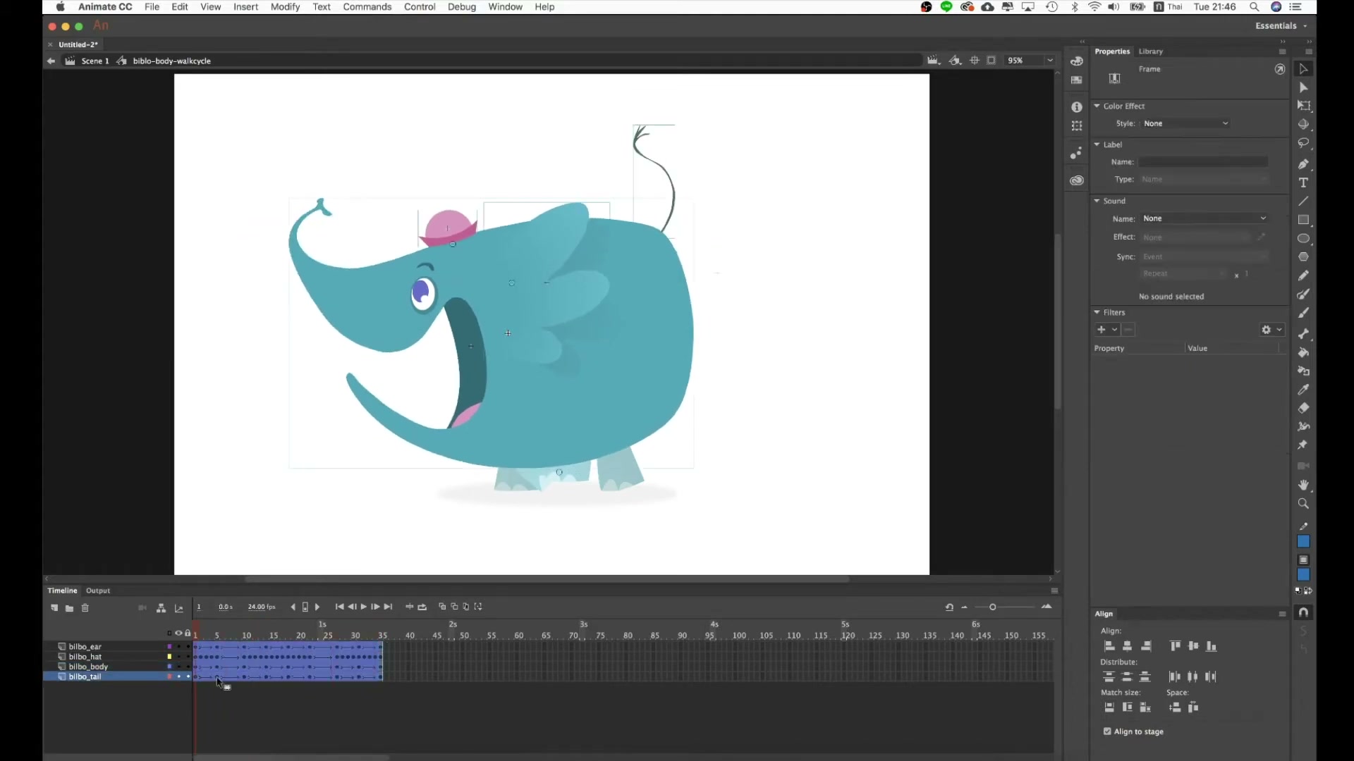 วิเคราะห์ตัวอย่าง ช้าง ใน Animate CC 2019 - ภาพช่วงเริ่มต้นของบทเรียน ใช้ดูบริบทของโปรเจกต์และหน้าจอโปรแกรมก่อนลงมือทำ