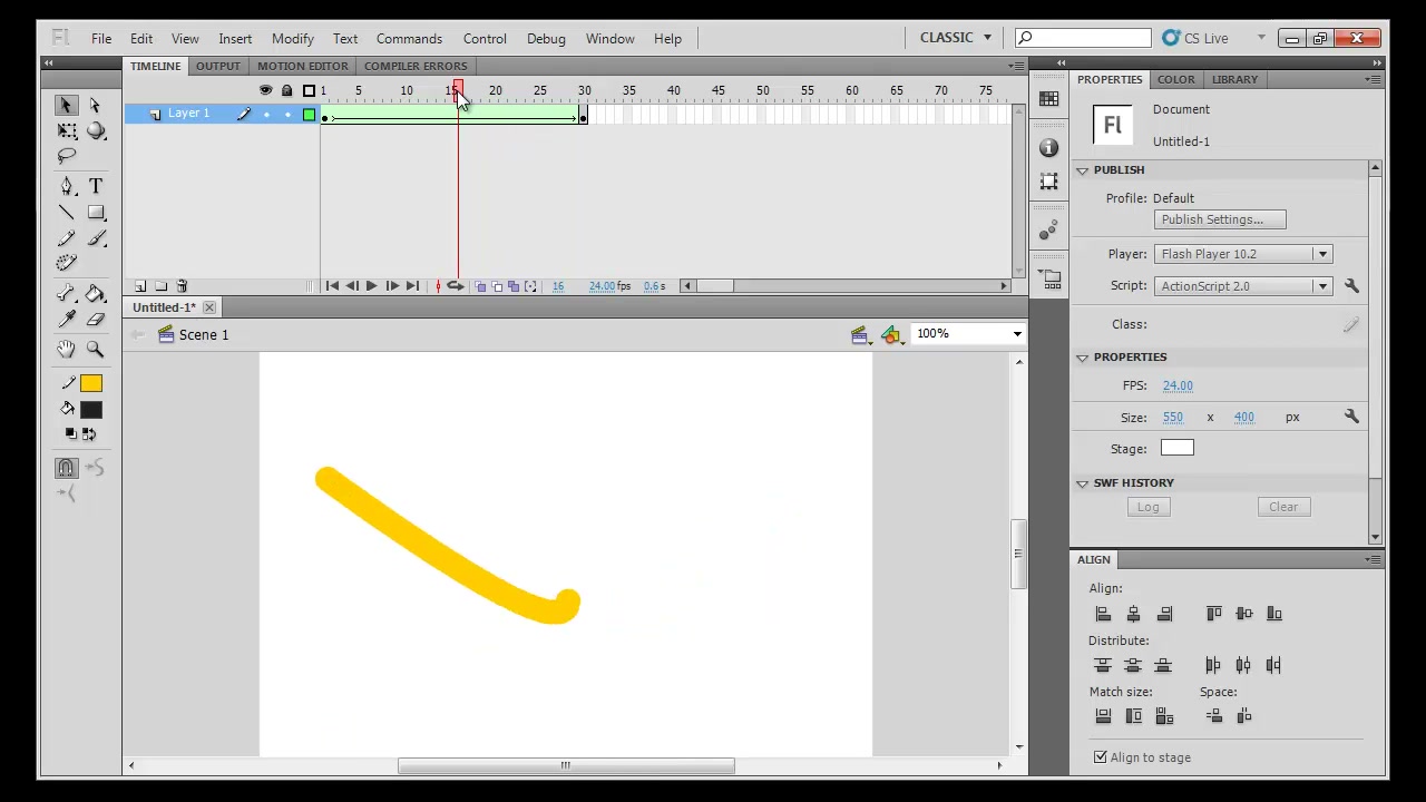 สอน FLASH shape hint - ภาพช่วงเริ่มต้นของบทเรียน ใช้ดูบริบทของโปรเจกต์และหน้าจอโปรแกรมก่อนลงมือทำ