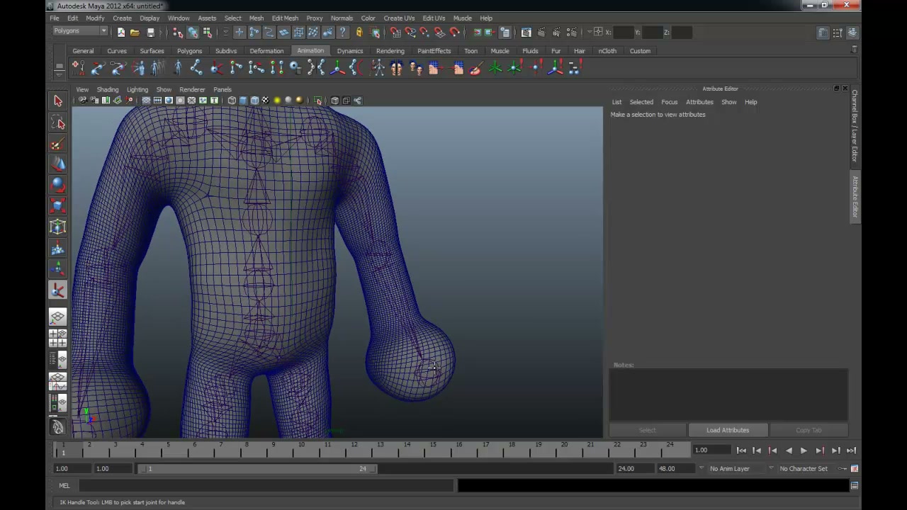 MESISE STUDIO - แก้ปัญหาใส่ IK ไม่ไำด้ในมายา 2012 - ภาพช่วงเริ่มต้นของบทเรียน ใช้ดูบริบทของโปรเจกต์และหน้าจอโปรแกรมก่อนลงมือทำ