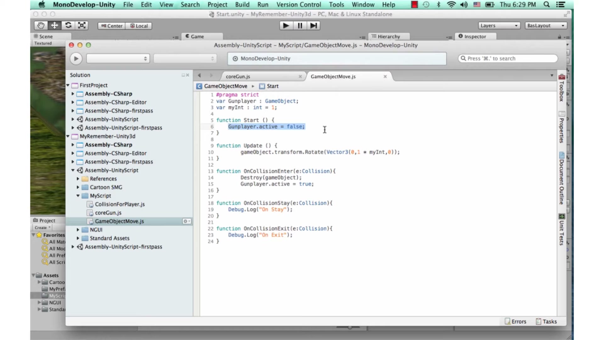 สอน Unity 3D - Collision instantitate addforce - ภาพช่วงเริ่มต้นของบทเรียน ใช้ดูบริบทของโปรเจกต์และหน้าจอโปรแกรมก่อนลงมือทำ