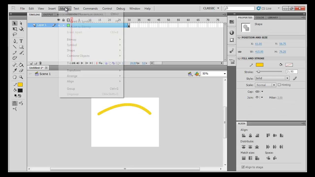 สอน FLASH shape hint - ตัวอย่างหน้าจอระหว่างเตรียมงานหรือเลือกส่วนที่ต้องปรับแต่งในวิดีโอ