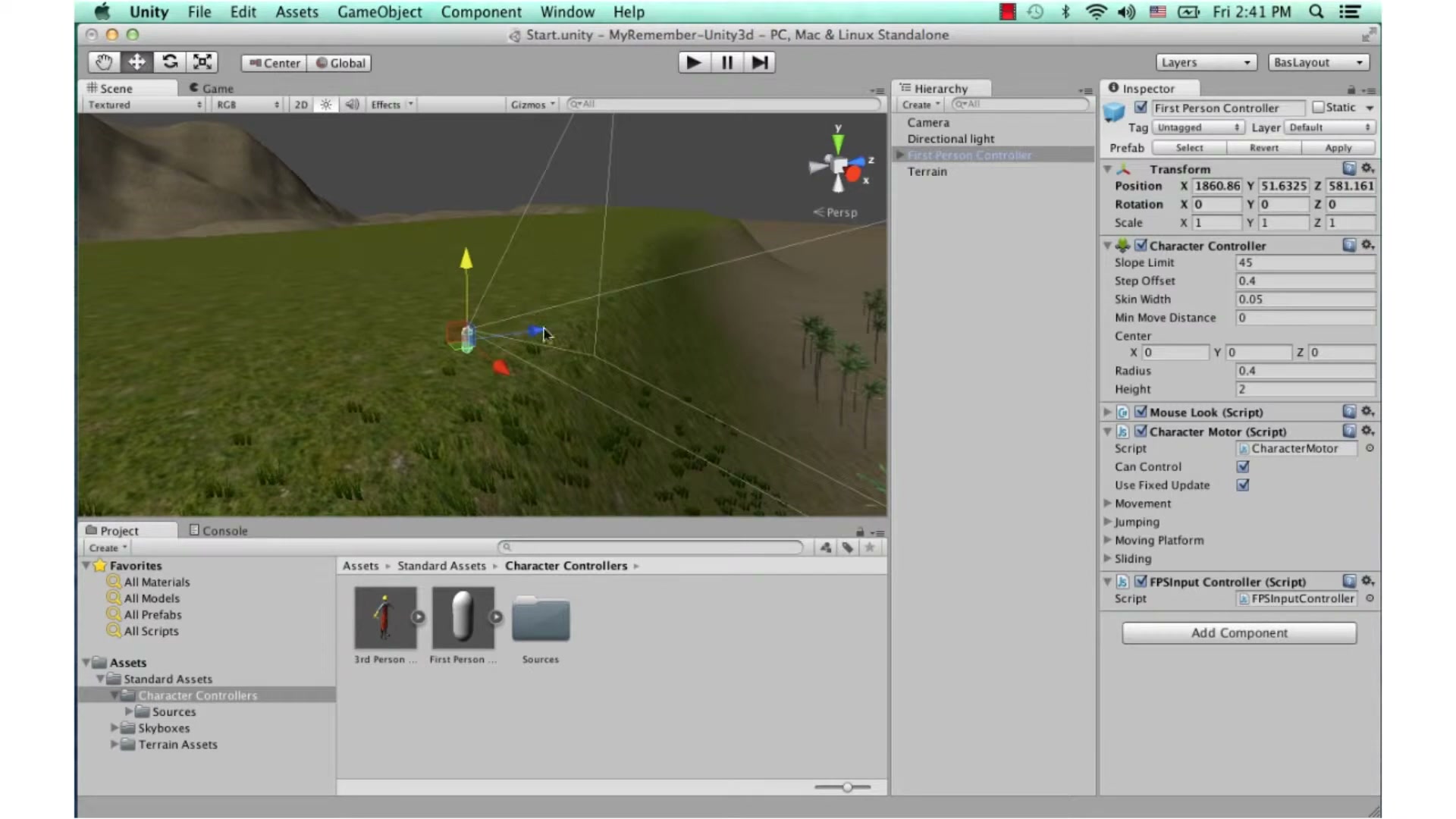 สอน Unity 3D - firstperson - ภาพช่วงเริ่มต้นของบทเรียน ใช้ดูบริบทของโปรเจกต์และหน้าจอโปรแกรมก่อนลงมือทำ