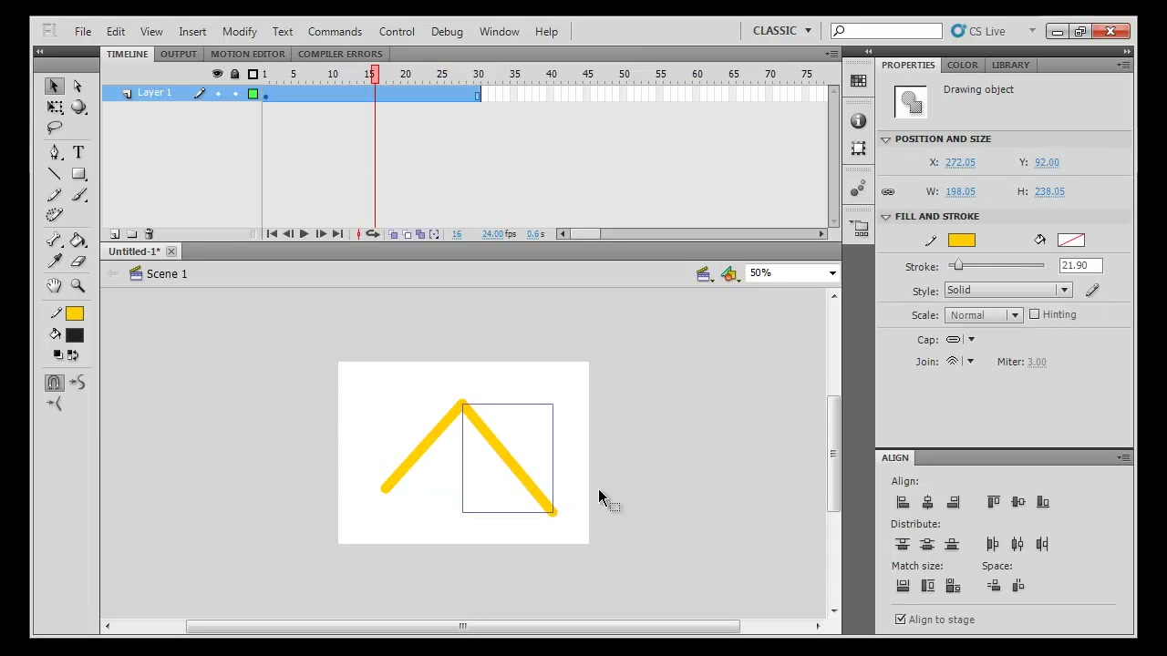 สอน FLASH shape hint - ภาพประกอบช่วงลงมือทำขั้นตอนหลักของบทเรียน เพื่อให้เห็นเครื่องมือและตำแหน่งที่ใช้งาน