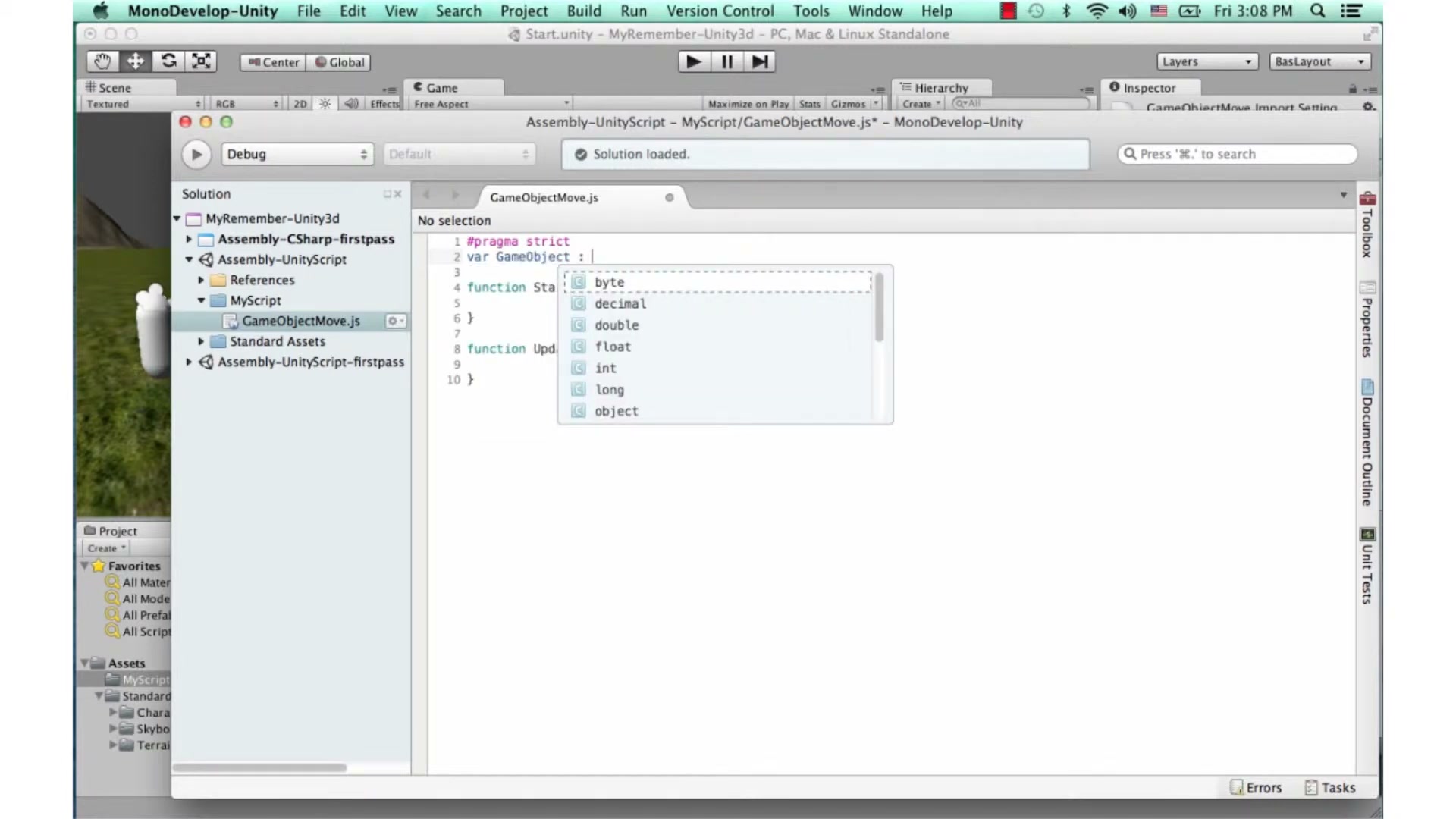 สอน Unity 3D - script js move rotate - ภาพช่วงเริ่มต้นของบทเรียน ใช้ดูบริบทของโปรเจกต์และหน้าจอโปรแกรมก่อนลงมือทำ