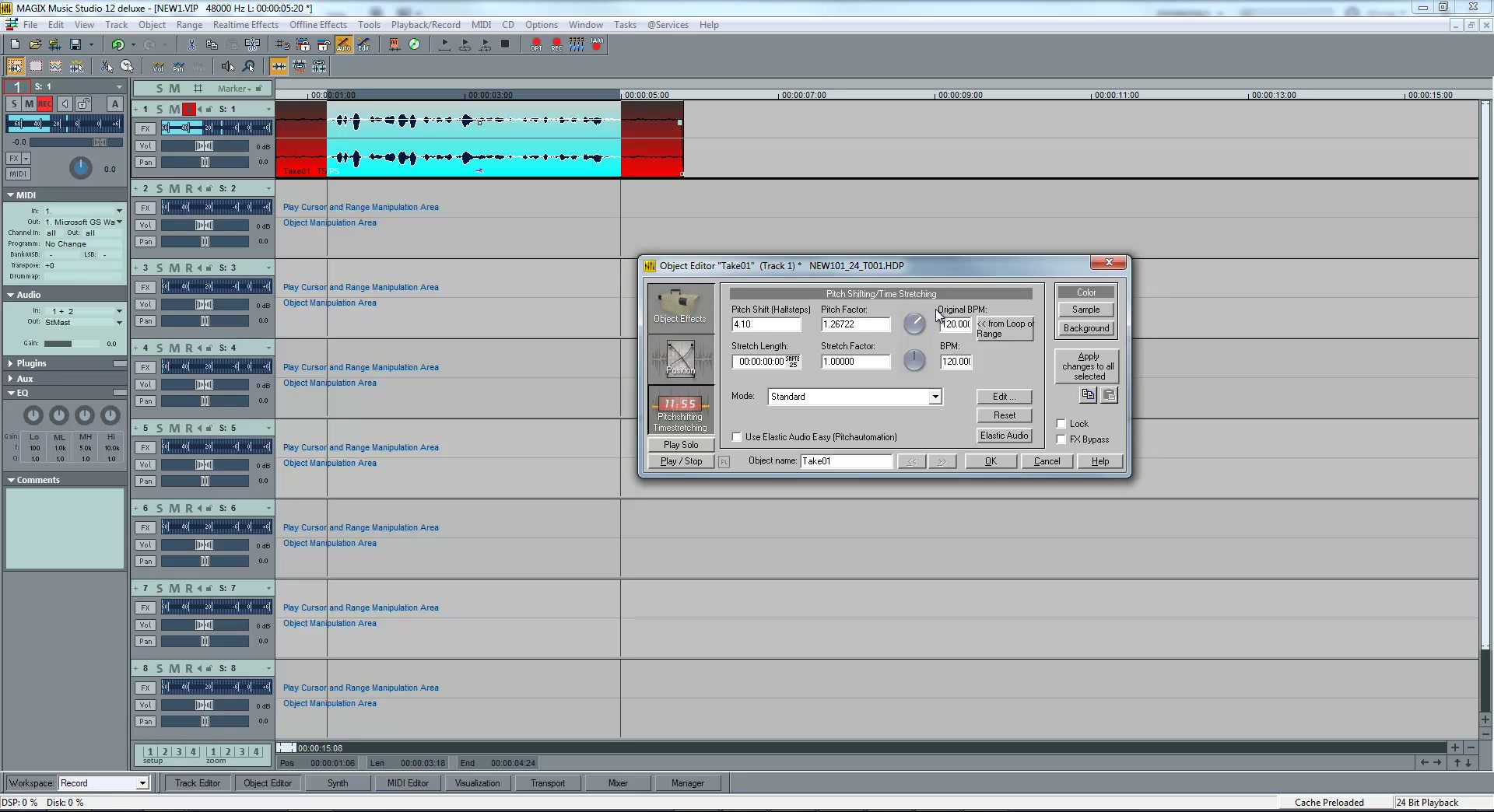 หน้าต่าง Object Editor ใช้ปรับค่า Pitch Shift และ Time Stretching เพื่อทำเสียงทุ้มหรือแหลมขึ้น
