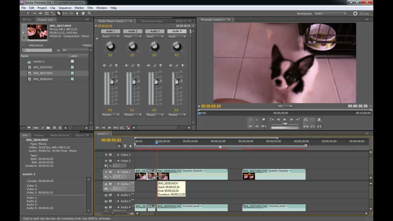 การเฟดวีดีโอใน Premiere Pro - ตัวอย่างหน้าจอระหว่างเตรียมงานหรือเลือกส่วนที่ต้องปรับแต่งในวิดีโอ