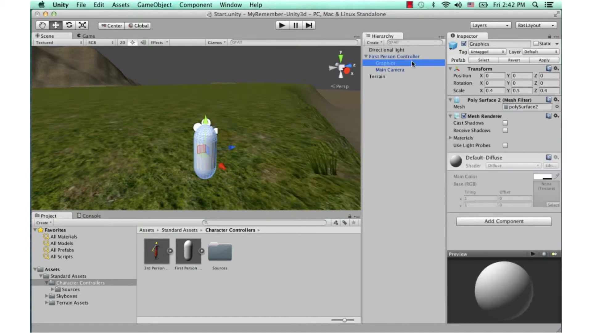 สอน Unity 3D - firstperson - ตัวอย่างหน้าจอระหว่างเตรียมงานหรือเลือกส่วนที่ต้องปรับแต่งในวิดีโอ
