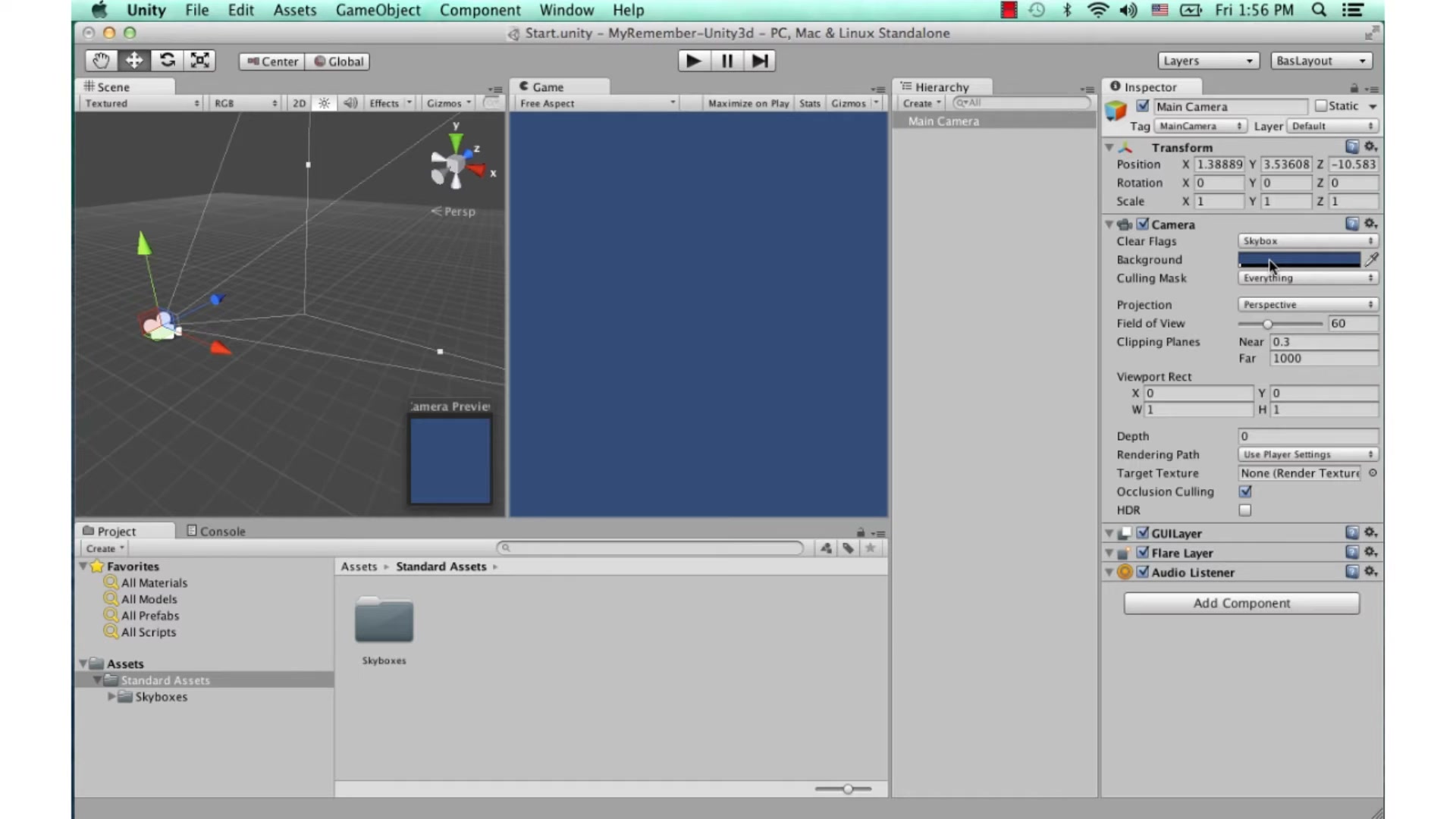 สอน Unity 3D - skybox terrain - ภาพช่วงเริ่มต้นของบทเรียน ใช้ดูบริบทของโปรเจกต์และหน้าจอโปรแกรมก่อนลงมือทำ
