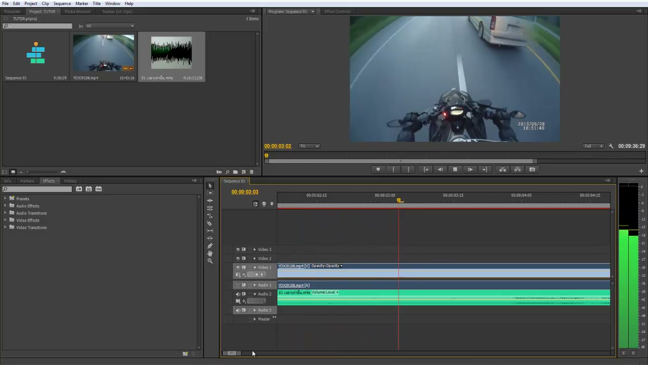 สอน Premiere Pro CS6 ตัดต่อใส่เสียง และ Export แบบรวดเร็วทันใจ - ตัวอย่างหน้าจอระหว่างเตรียมงานหรือเลือกส่วนที่ต้องปรับแต่งในวิดีโอ