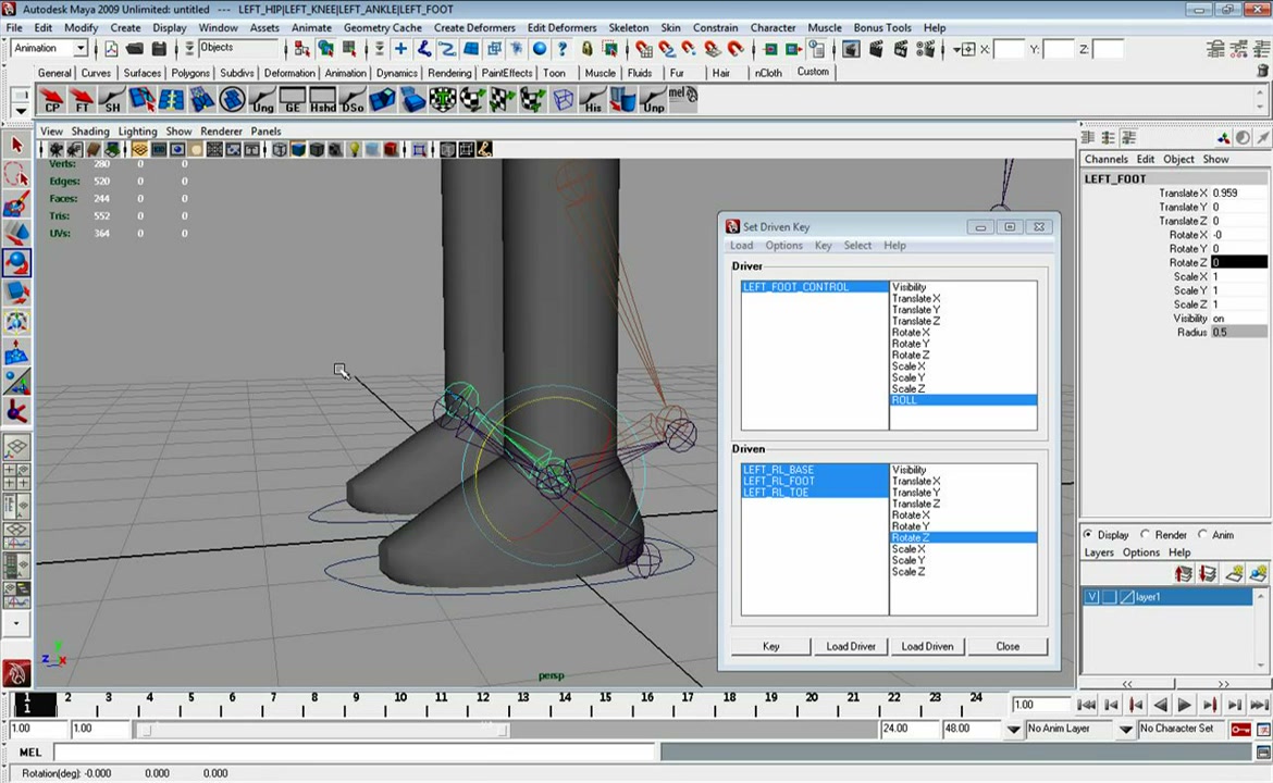 MESISE STUDIO สอนการเซ็ทกระดูกคน MAYA 3/4 - ตัวอย่างหน้าจอระหว่างเตรียมงานหรือเลือกส่วนที่ต้องปรับแต่งในวิดีโอ