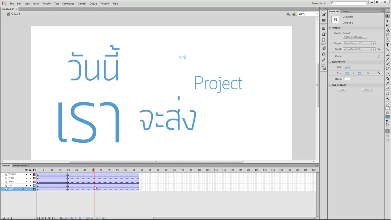 สอน FLASH อนิเมชั่นเจ๋ง ๆ - ภาพช่วงเริ่มต้นของบทเรียน ใช้ดูบริบทของโปรเจกต์และหน้าจอโปรแกรมก่อนลงมือทำ