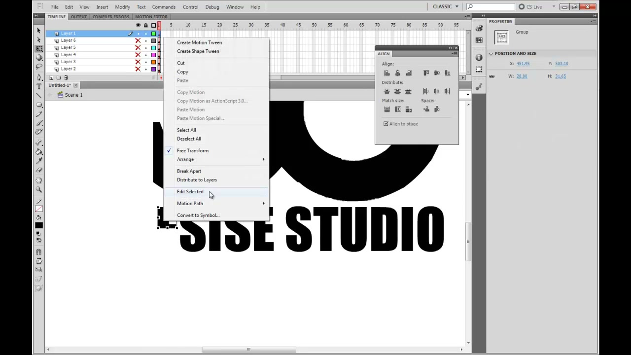 MESISE STUDIO - FLASH BASIC INTRO 2 - ภาพช่วงเริ่มต้นของบทเรียน ใช้ดูบริบทของโปรเจกต์และหน้าจอโปรแกรมก่อนลงมือทำ