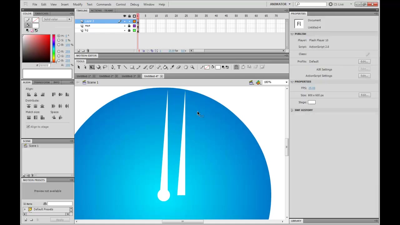 สอน FLASH นาฬิกา analog clock - ตัวอย่างหน้าจอระหว่างเตรียมงานหรือเลือกส่วนที่ต้องปรับแต่งในวิดีโอ
