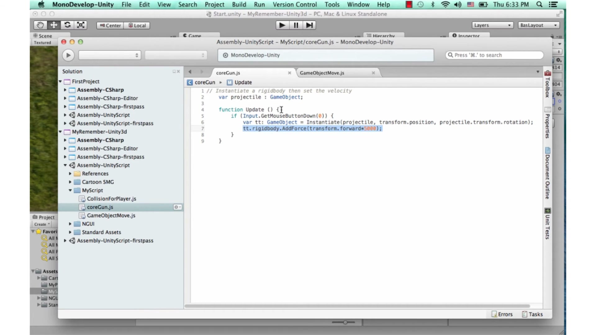 สอน Unity 3D - Collision instantitate addforce - ภาพประกอบช่วงลงมือทำขั้นตอนหลักของบทเรียน เพื่อให้เห็นเครื่องมือและตำแหน่งที่ใช้งาน