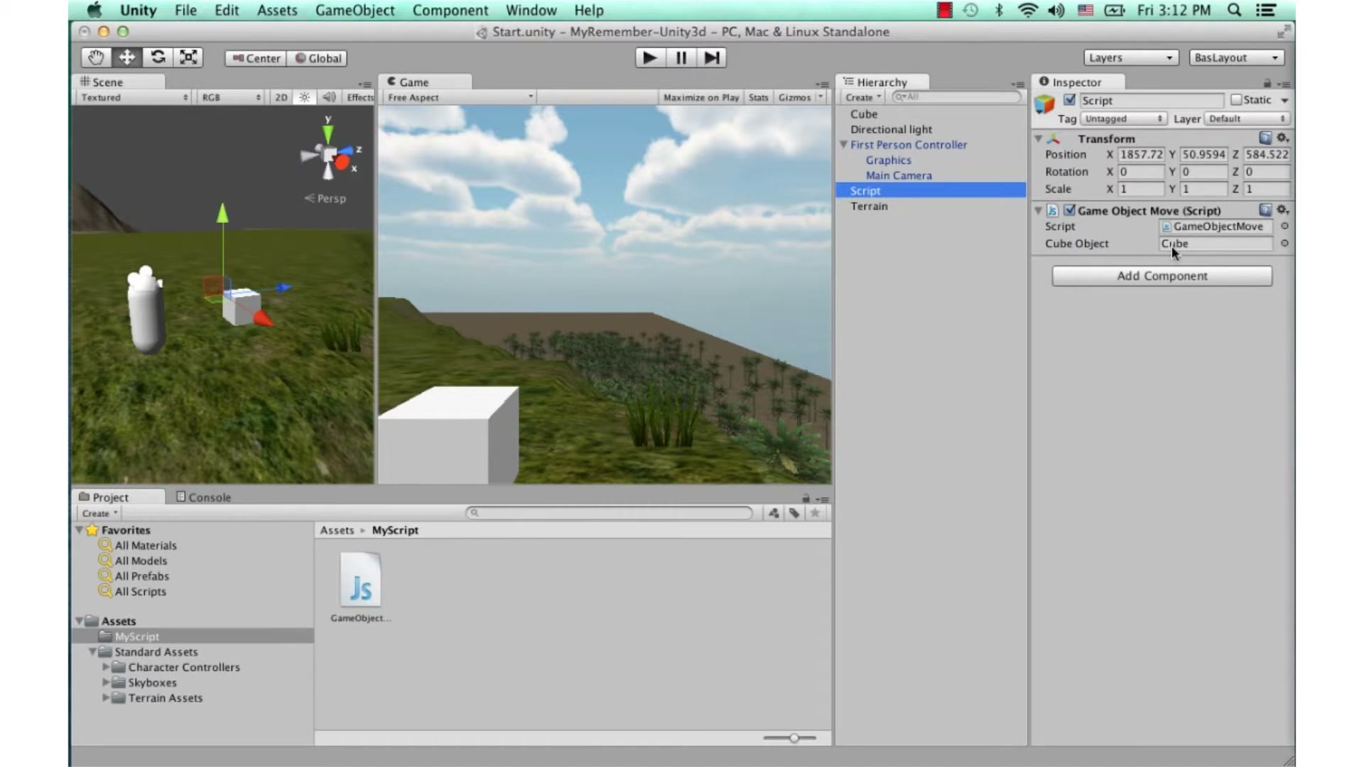 สอน Unity 3D - script js move rotate - ตัวอย่างหน้าจอระหว่างเตรียมงานหรือเลือกส่วนที่ต้องปรับแต่งในวิดีโอ