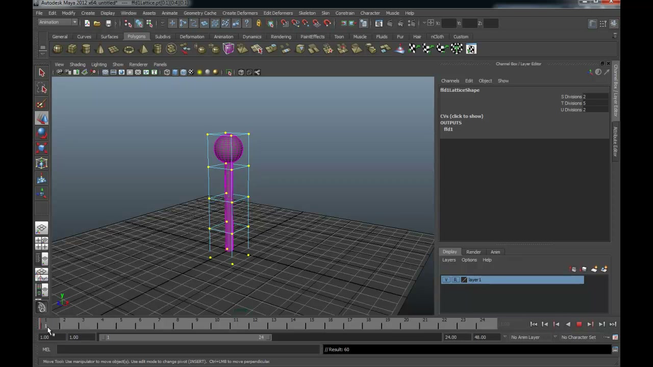 MESISE STUDIO - อนิเมชั่นด้วย lattice ในมายา - ภาพช่วงเริ่มต้นของบทเรียน ใช้ดูบริบทของโปรเจกต์และหน้าจอโปรแกรมก่อนลงมือทำ