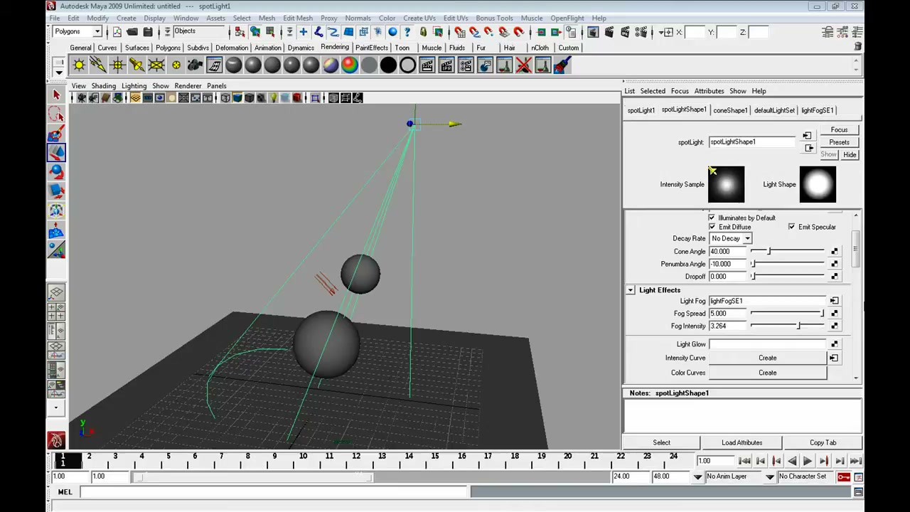 MESISE STUDIO - light fog MAYA - ภาพประกอบช่วงลงมือทำขั้นตอนหลักของบทเรียน เพื่อให้เห็นเครื่องมือและตำแหน่งที่ใช้งาน