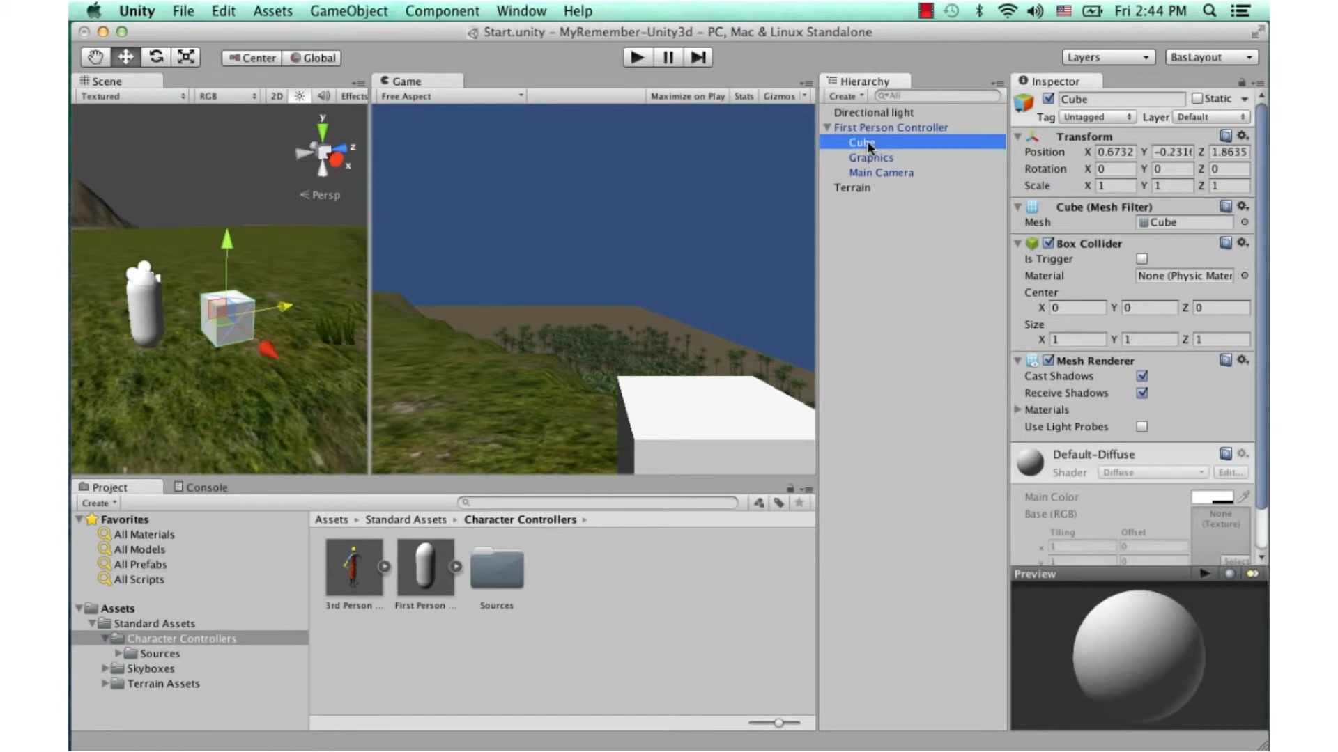 สอน Unity 3D - firstperson - ภาพประกอบช่วงลงมือทำขั้นตอนหลักของบทเรียน เพื่อให้เห็นเครื่องมือและตำแหน่งที่ใช้งาน