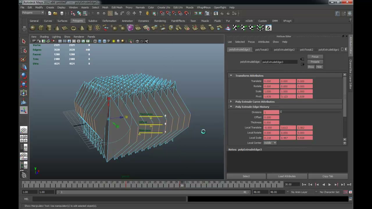 MAYA EXTRUDE ANIMATION - ภาพประกอบช่วงลงมือทำขั้นตอนหลักของบทเรียน เพื่อให้เห็นเครื่องมือและตำแหน่งที่ใช้งาน