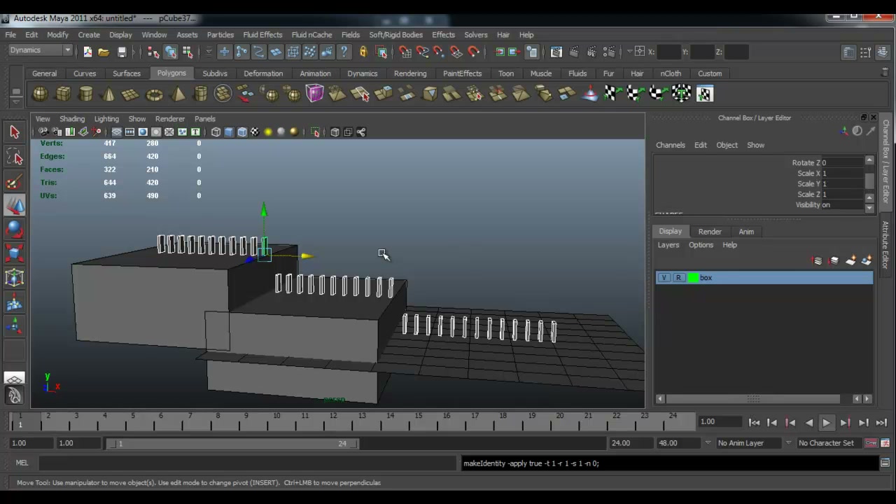 MESISE STUDIO MAYA DYNAMICS BASIC DOMINOS - ภาพประกอบช่วงลงมือทำขั้นตอนหลักของบทเรียน เพื่อให้เห็นเครื่องมือและตำแหน่งที่ใช้งาน