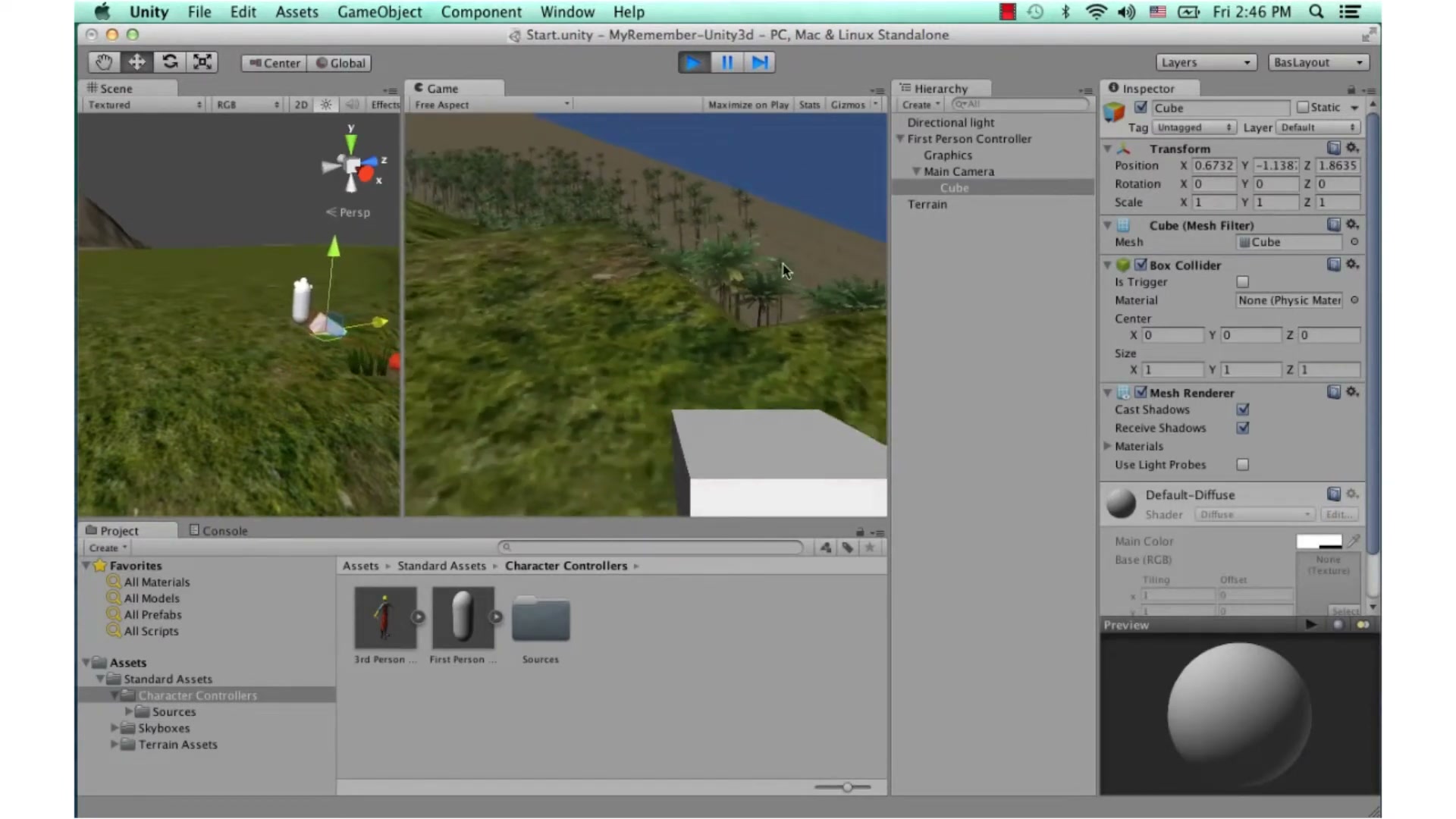สอน Unity 3D - firstperson - ภาพช่วงตรวจผลลัพธ์หรือเตรียมนำงานไปใช้งานต่อหลังทำตามขั้นตอนเสร็จ