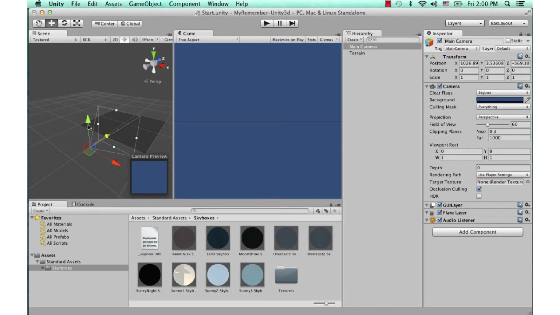 สอน Unity 3D - skybox terrain - ตัวอย่างหน้าจอระหว่างเตรียมงานหรือเลือกส่วนที่ต้องปรับแต่งในวิดีโอ