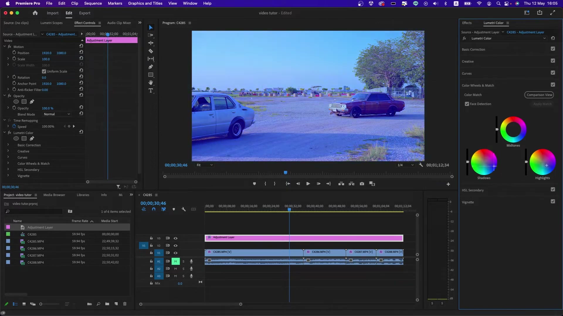สอนการใช้ Lumetri Color ใน Premiere Pro - ตัวอย่างหน้าจอระหว่างเตรียมงานหรือเลือกส่วนที่ต้องปรับแต่งในวิดีโอ