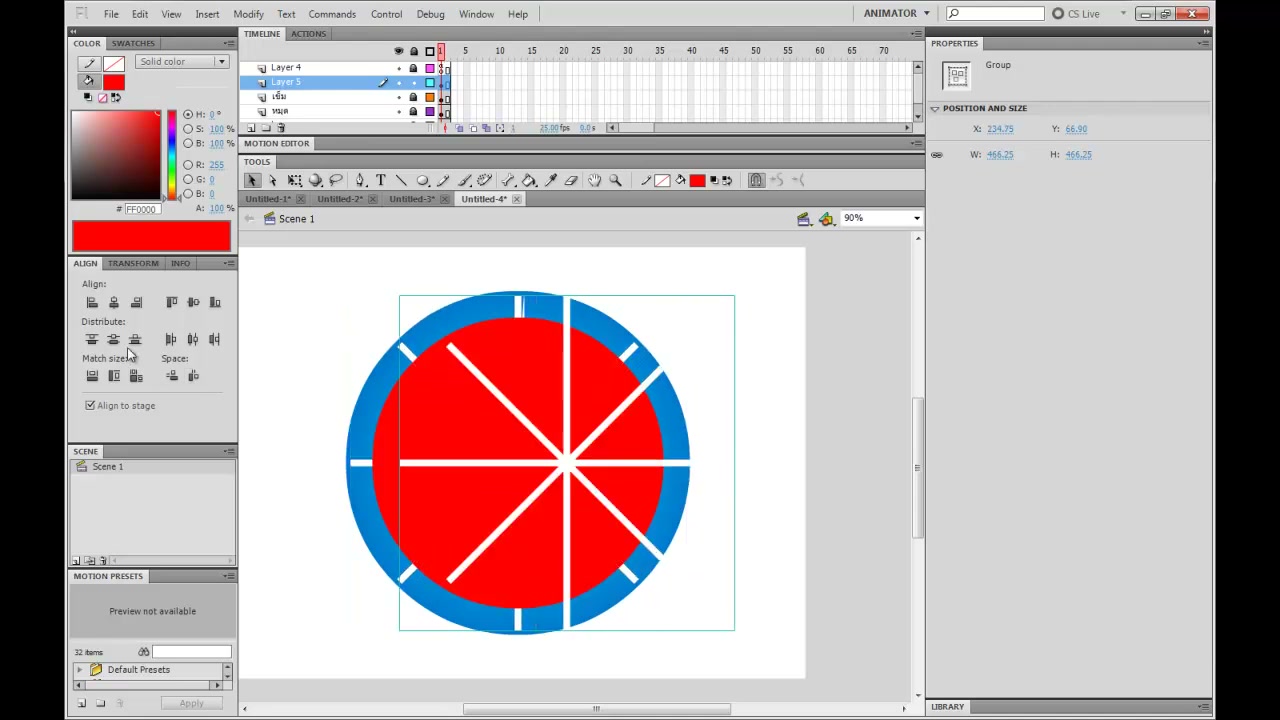 สอน FLASH นาฬิกา analog clock - ภาพประกอบช่วงลงมือทำขั้นตอนหลักของบทเรียน เพื่อให้เห็นเครื่องมือและตำแหน่งที่ใช้งาน