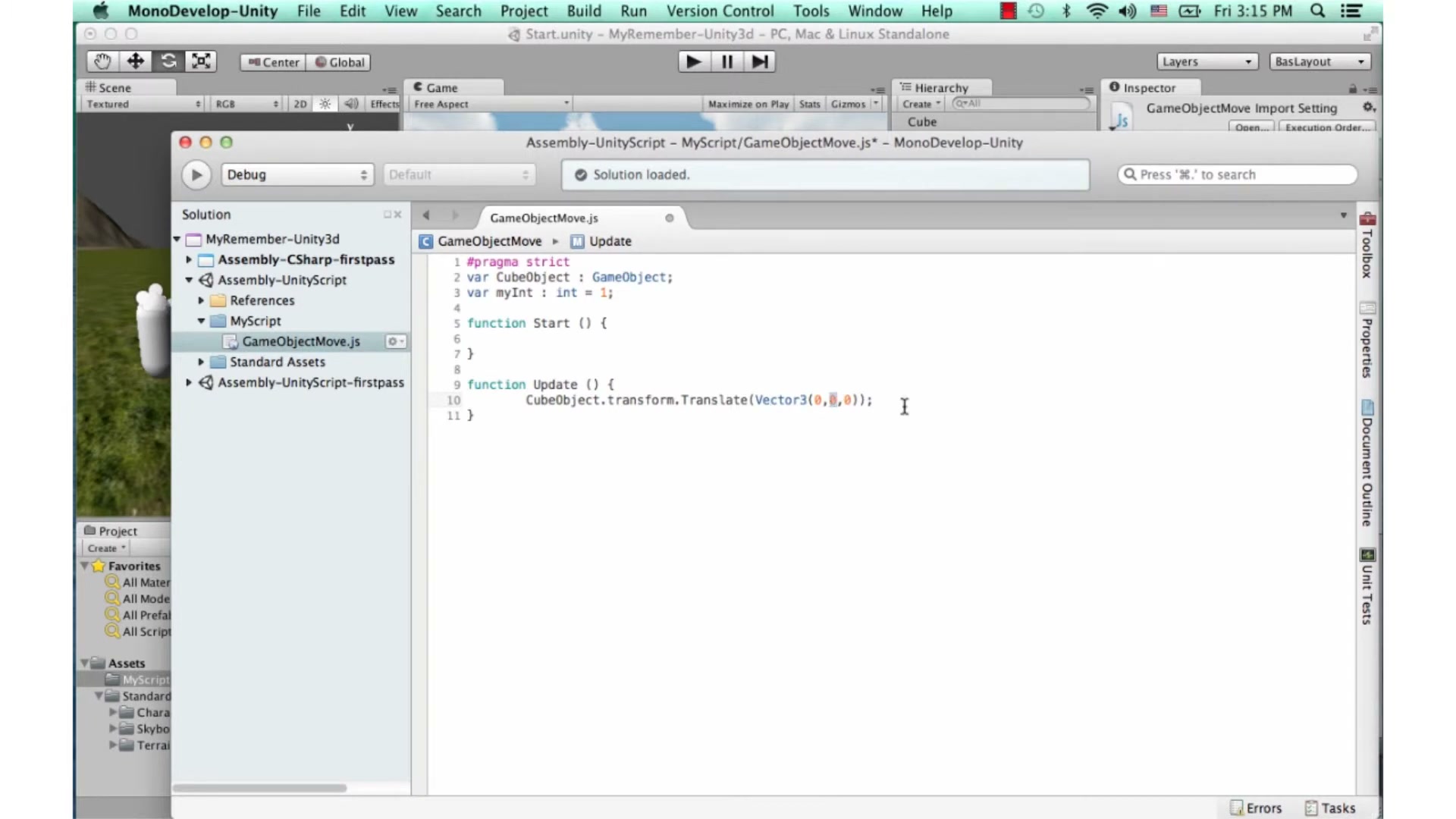 สอน Unity 3D - script js move rotate - ภาพประกอบช่วงลงมือทำขั้นตอนหลักของบทเรียน เพื่อให้เห็นเครื่องมือและตำแหน่งที่ใช้งาน