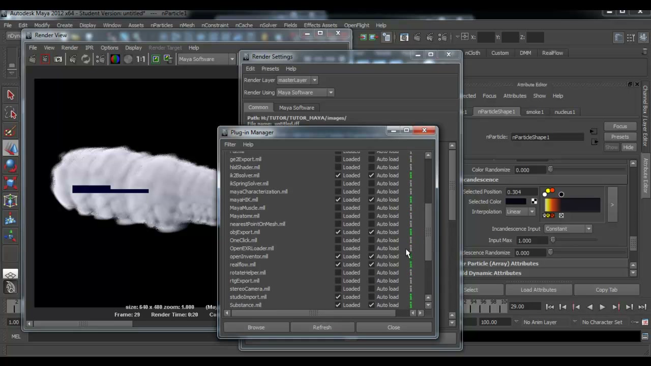 smoke nParticles - maya - ภาพประกอบช่วงลงมือทำขั้นตอนหลักของบทเรียน เพื่อให้เห็นเครื่องมือและตำแหน่งที่ใช้งาน