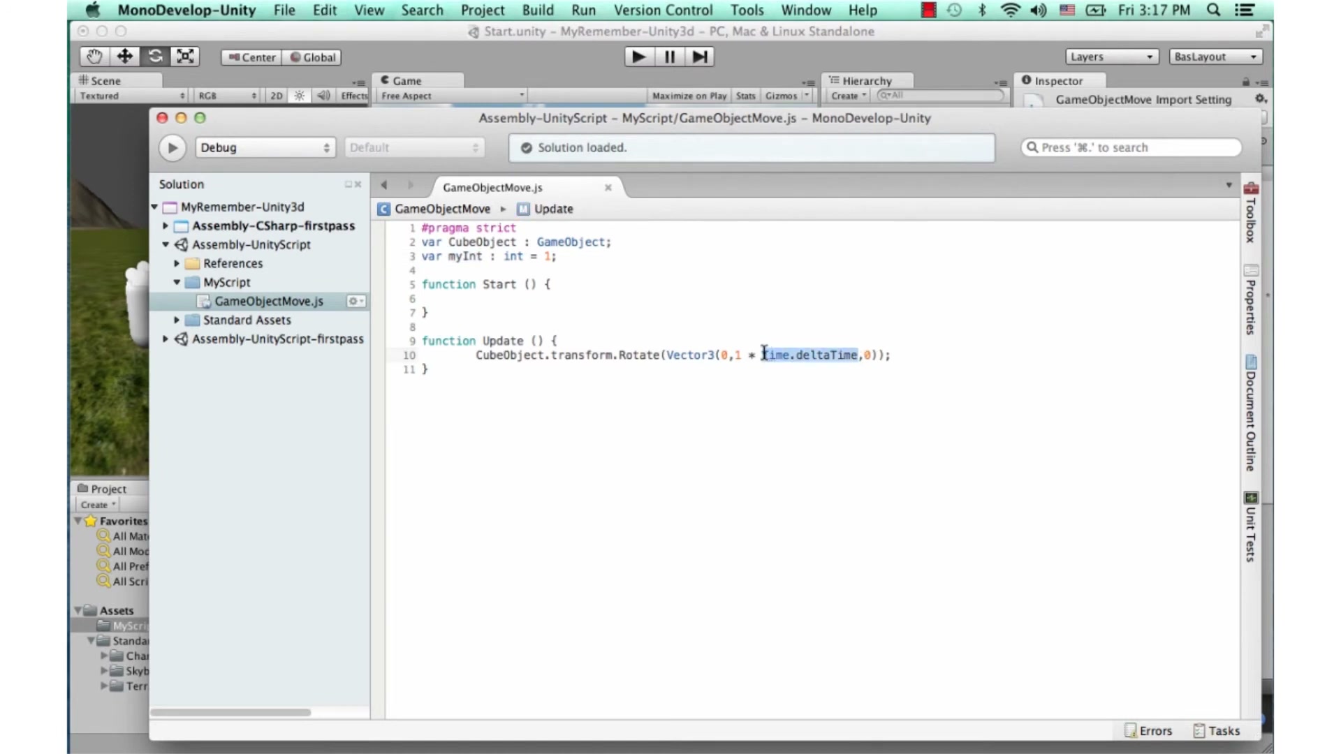 สอน Unity 3D - script js move rotate - ภาพช่วงตรวจผลลัพธ์หรือเตรียมนำงานไปใช้งานต่อหลังทำตามขั้นตอนเสร็จ