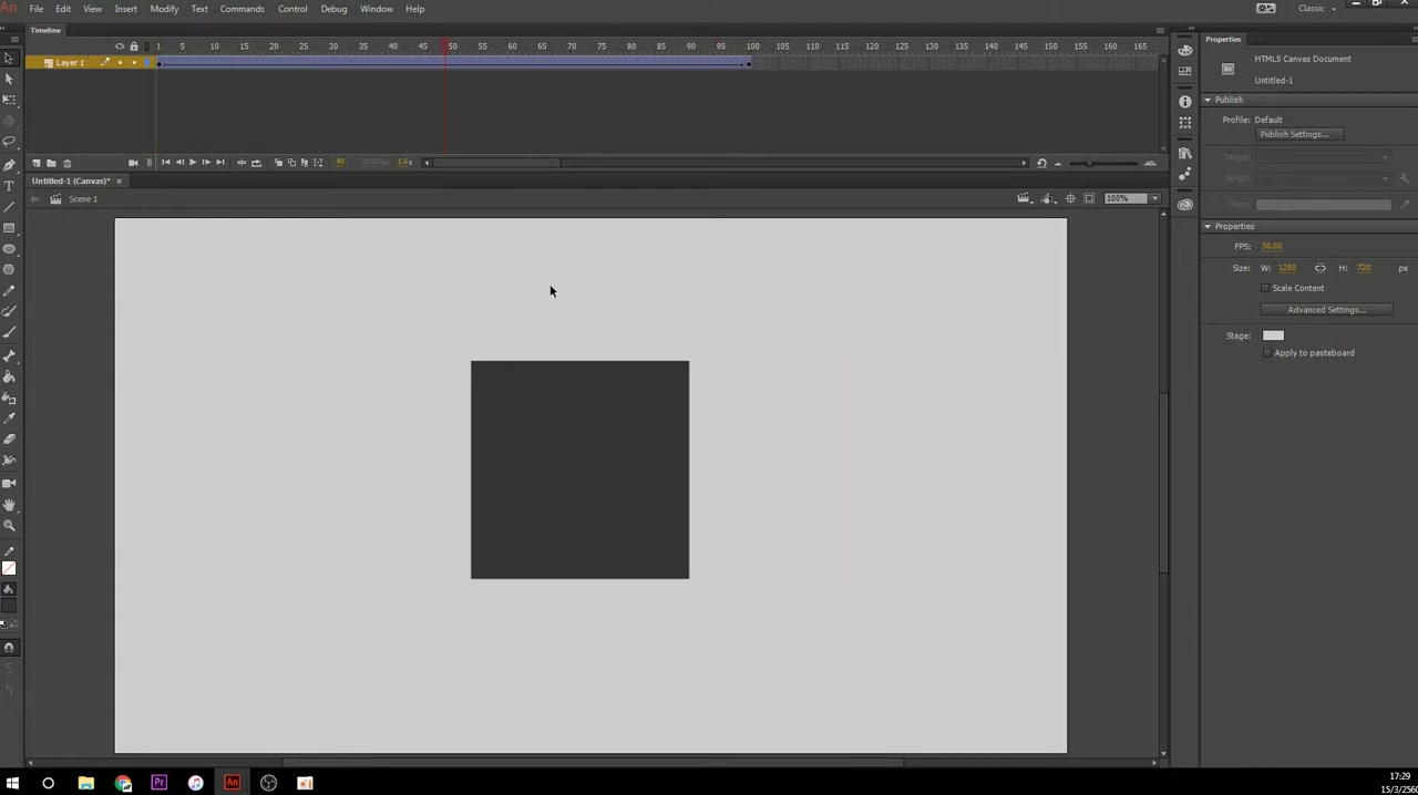 สอน ANIMATE CC - สร้างจรวดและฉาก - ภาพช่วงเริ่มต้นของบทเรียน ใช้ดูบริบทของโปรเจกต์และหน้าจอโปรแกรมก่อนลงมือทำ
