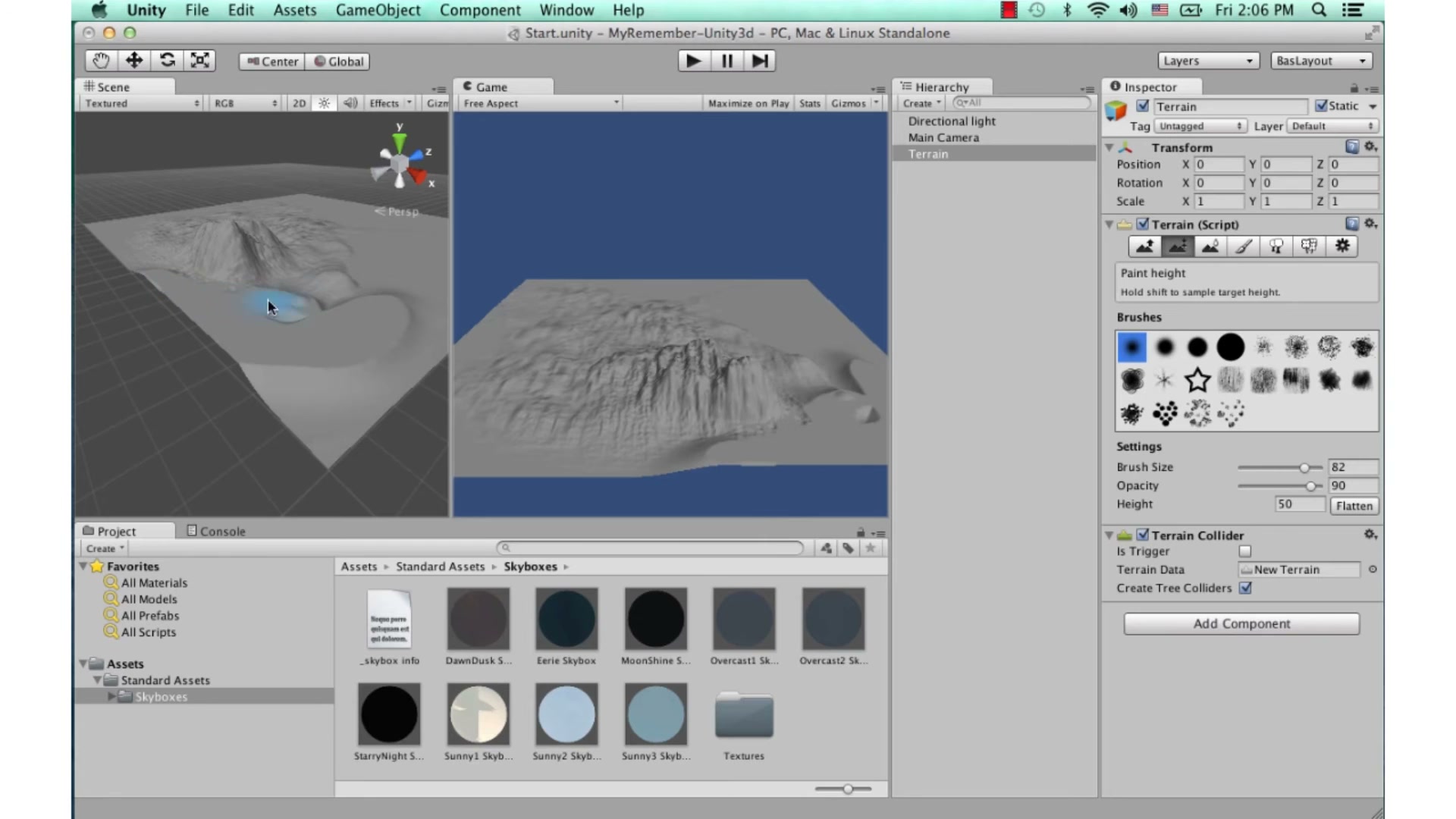 สอน Unity 3D - skybox terrain - ภาพประกอบช่วงลงมือทำขั้นตอนหลักของบทเรียน เพื่อให้เห็นเครื่องมือและตำแหน่งที่ใช้งาน