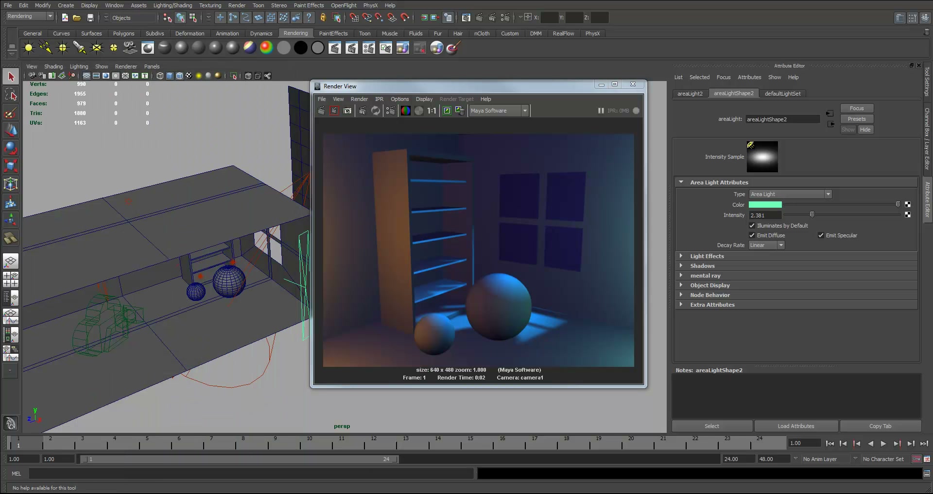 จัดแสงภายในห้อง (กลางคืน) แบบขำขำใน MAYA - ภาพประกอบช่วงลงมือทำขั้นตอนหลักของบทเรียน เพื่อให้เห็นเครื่องมือและตำแหน่งที่ใช้งาน