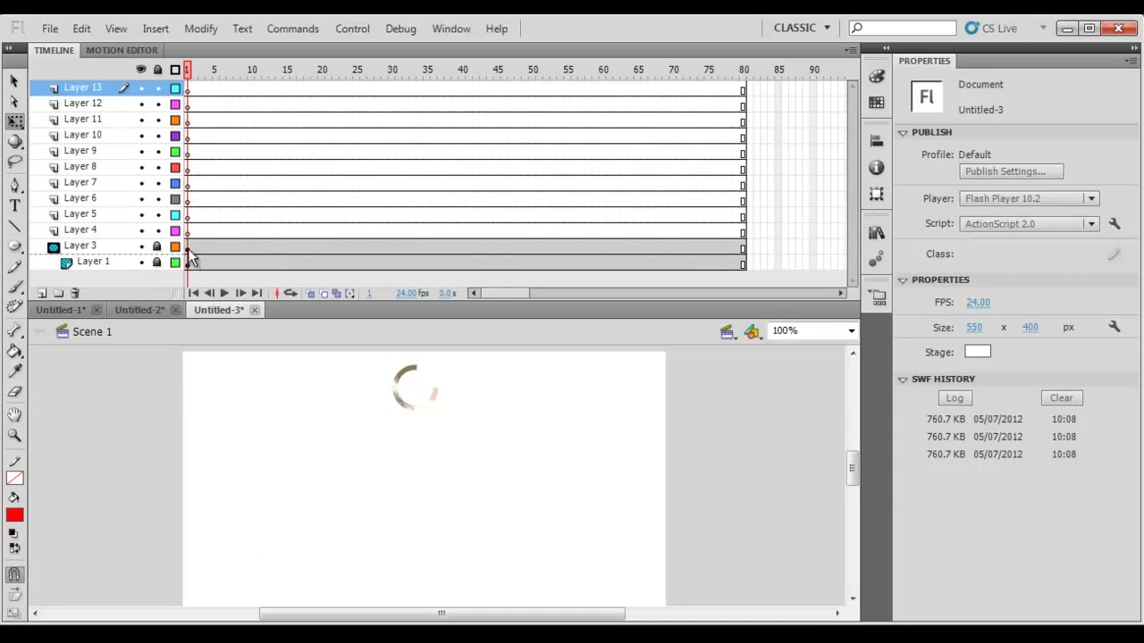 สอน FLASH อนิเมชั่นทั่ว ๆ ไป - ภาพประกอบช่วงลงมือทำขั้นตอนหลักของบทเรียน เพื่อให้เห็นเครื่องมือและตำแหน่งที่ใช้งาน
