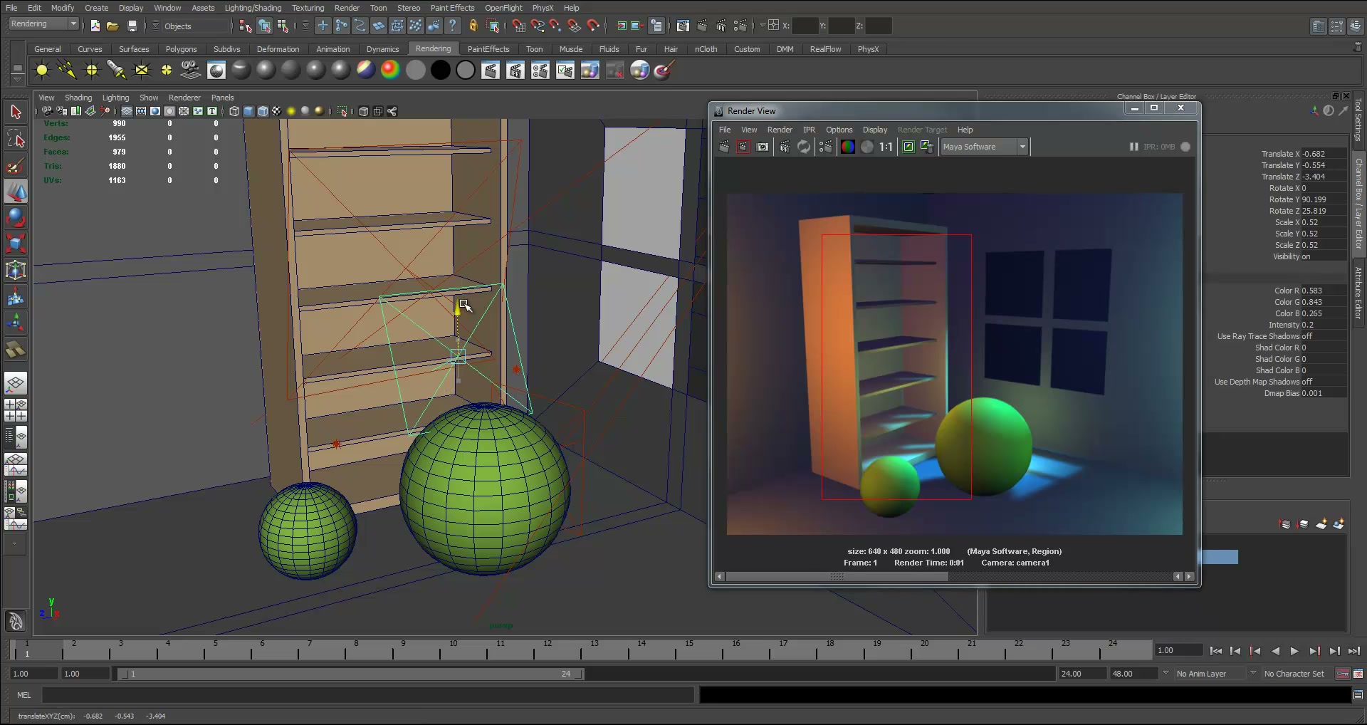 จัดแสงภายในห้อง (กลางคืน) แบบขำขำใน MAYA - ภาพช่วงตรวจผลลัพธ์หรือเตรียมนำงานไปใช้งานต่อหลังทำตามขั้นตอนเสร็จ
